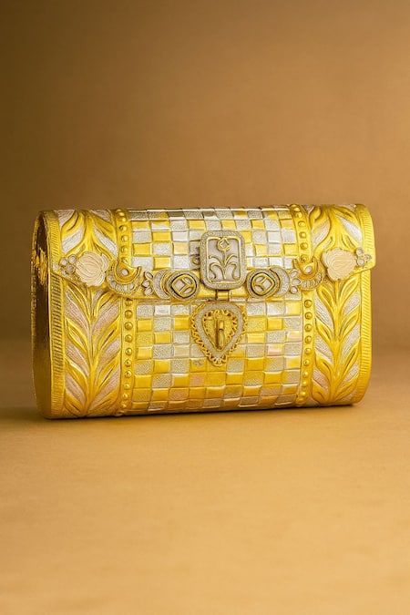 Tasna Hand-Carved Kundan & Meenakari Brass Clutch 