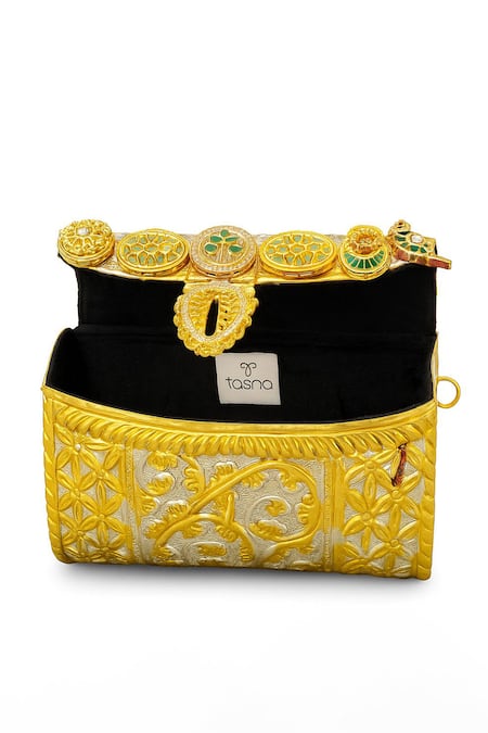 Tasna_Gold Gemstones, Metallic Thread, Hand-carved Kundan And Meenakari Brass Clutch _Online_at_Aza_Fashions