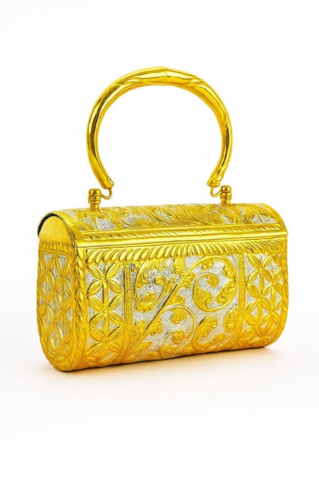 Tasna Hand-Carved Kundan & Meenakari Brass Clutch 