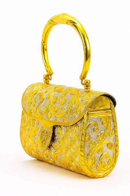 Buy_Tasna_Gold Gemstones, Metallic Thread, Hand-carved Kundan And Meenakari Brass Clutch _Online_at_Aza_Fashions
