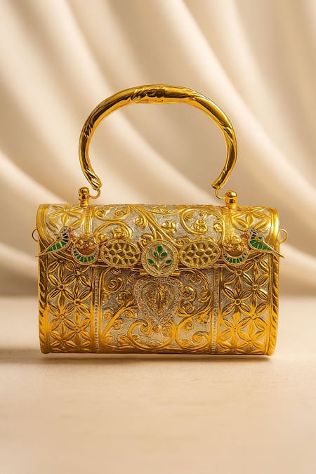 Tasna Hand-Carved Kundan & Meenakari Brass Clutch 