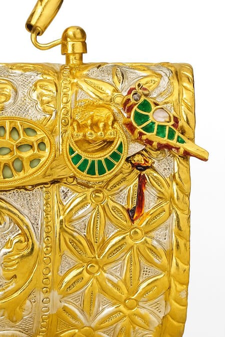 Shop_Tasna_Gold Gemstones, Metallic Thread, Hand-carved Kundan And Meenakari Brass Clutch _Online_at_Aza_Fashions