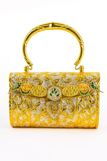Tasna_Gold Gemstones, Metallic Thread, Hand-carved Kundan And Meenakari Brass Clutch _at_Aza_Fashions