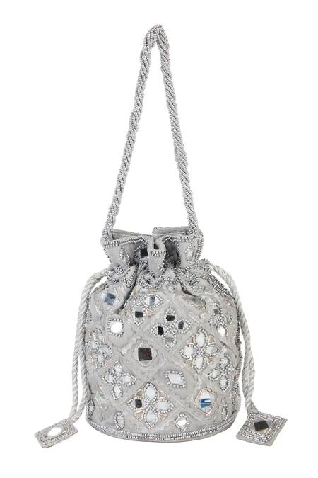 The Purple Sack_Silver Mirrors, Beads Embellished Raw Silk Potli Bag _Online_at_Aza_Fashions