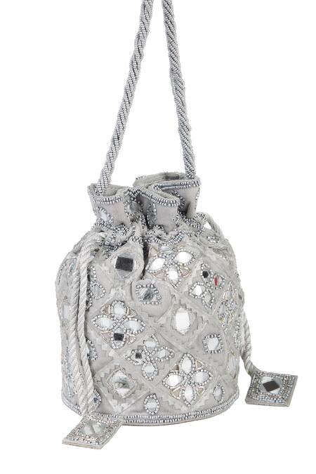 Buy_The Purple Sack_Silver Mirrors, Beads Embellished Raw Silk Potli Bag _Online_at_Aza_Fashions