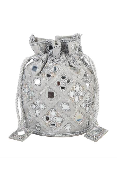 Shop_The Purple Sack_Silver Mirrors, Beads Embellished Raw Silk Potli Bag _Online_at_Aza_Fashions
