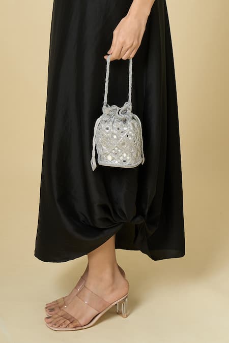 The Purple Sack_Silver Mirrors, Beads Embellished Raw Silk Potli Bag _at_Aza_Fashions
