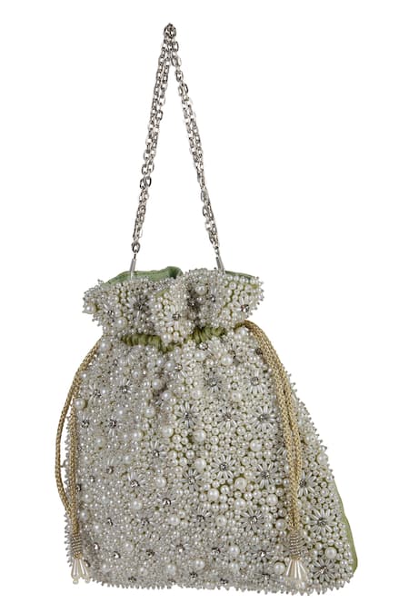 Shop The Purple Sack Green Beads, Embroidery, Tassels Floral Raw Silk Potli Bag at Aza Fashions Shop_The Purple Sack_Green Beads, Embroidery, Tassels Floral Raw Silk Potli Bag _at_Aza_Fashions