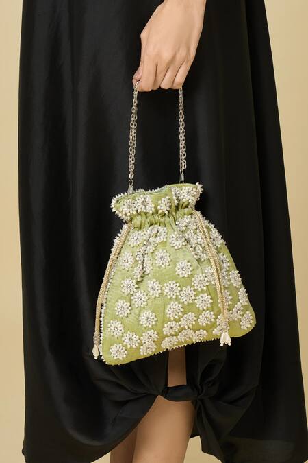 Buy The Purple Sack Green Beads, Embroidery, Tassels Floral Raw Silk Potli Bag Online at Aza Fashions Buy_The Purple Sack_Green Beads, Embroidery, Tassels Floral Raw Silk Potli Bag _Online_at_Aza_Fashions