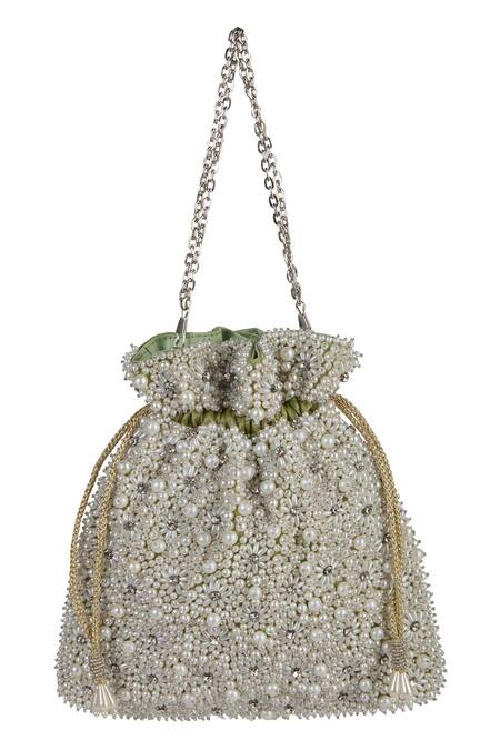 Shop The Purple Sack Green Beads, Embroidery, Tassels Floral Raw Silk Potli Bag Online at Aza Fashions Shop_The Purple Sack_Green Beads, Embroidery, Tassels Floral Raw Silk Potli Bag _Online_at_Aza_Fashions