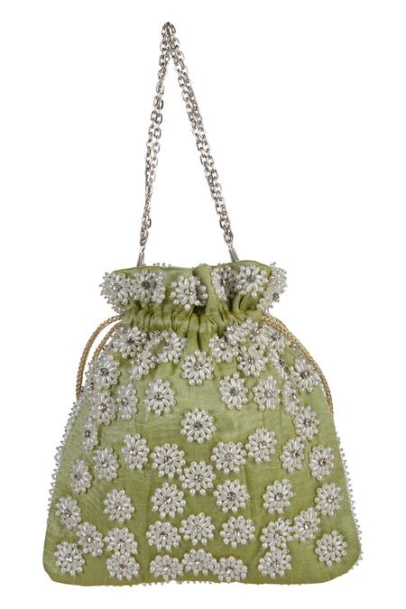 The Purple Sack Green Beads, Embroidery, Tassels Floral Raw Silk Potli Bag at Aza Fashions The Purple Sack_Green Beads, Embroidery, Tassels Floral Raw Silk Potli Bag _at_Aza_Fashions