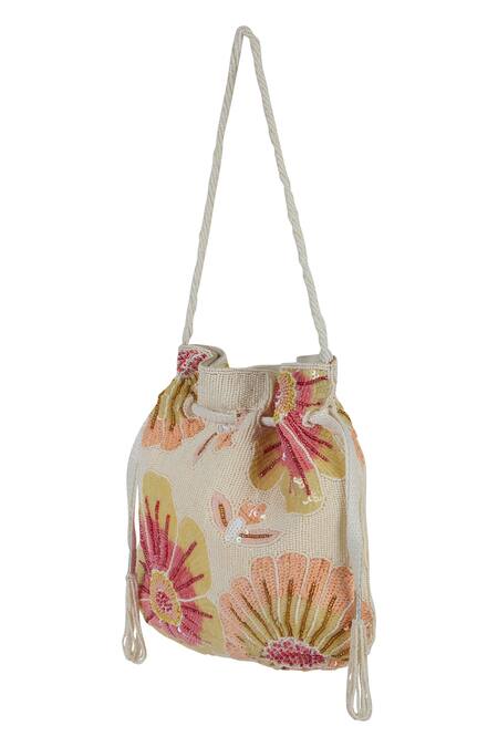 Buy_The Purple Sack_Off White Beads, Sequins, Tassels Floral And Embroidered Potli Bag _Online_at_Aza_Fashions