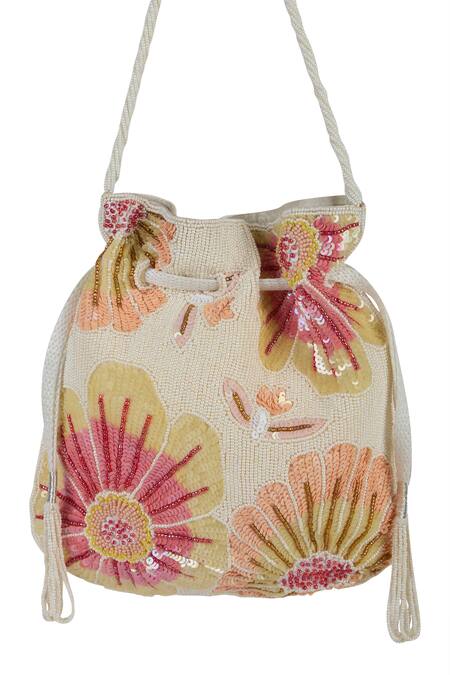Buy_The Purple Sack_Off White Beads, Sequins, Tassels Floral And Embroidered Potli Bag 