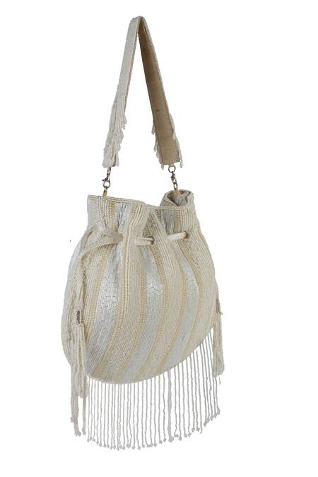 The Purple Sack_White Beads, Tassels Beaded Fringe Drawstring Potli Bag _Online_at_Aza_Fashions