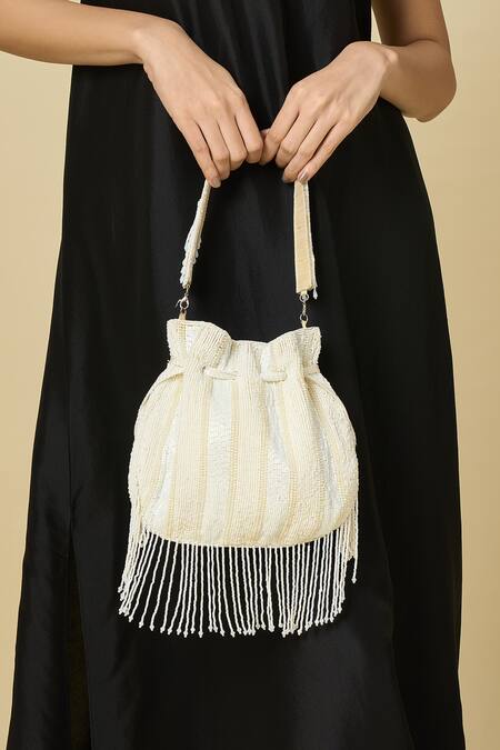 Shop_The Purple Sack_White Beads, Tassels Beaded Fringe Drawstring Potli Bag _Online_at_Aza_Fashions