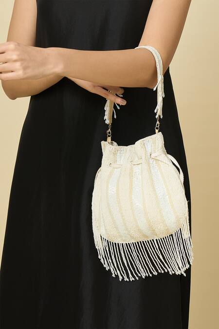 The Purple Sack_White Beads, Tassels Beaded Fringe Drawstring Potli Bag _at_Aza_Fashions