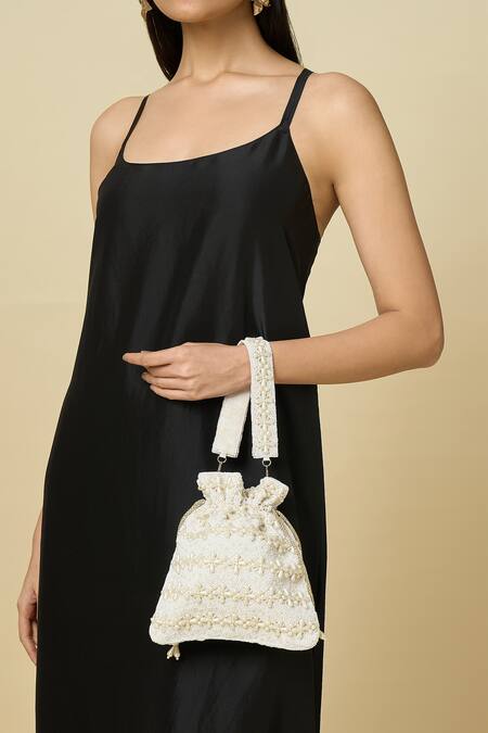 Shop_The Purple Sack_Off White Beads, Pearls Beaded And Embroidered Potli Bag _Online_at_Aza_Fashions