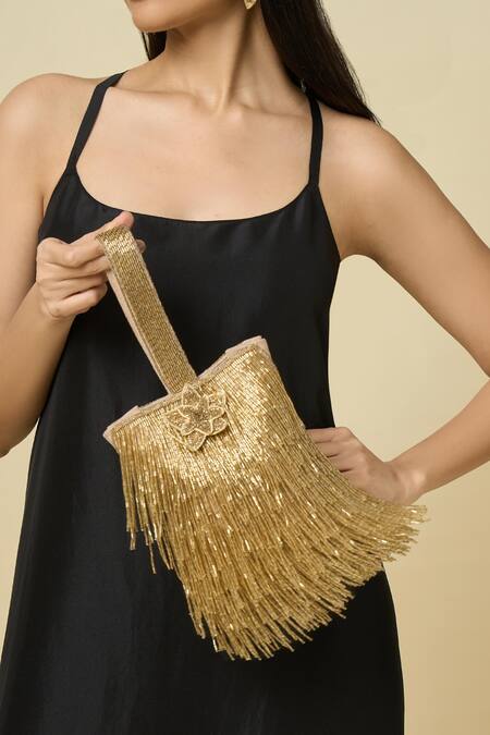 The Purple Sack_Gold Beads, Fringe Beaded Bag _Online_at_Aza_Fashions