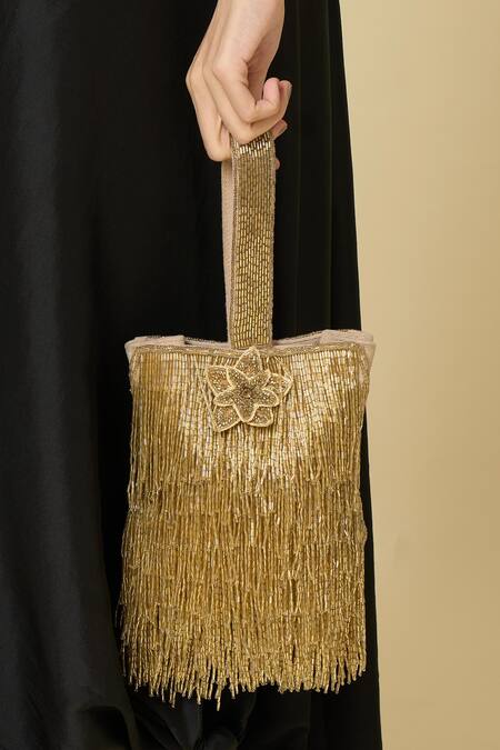 Buy_The Purple Sack_Gold Beads, Fringe Beaded Bag _Online_at_Aza_Fashions