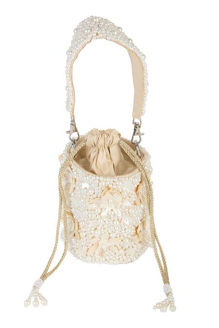 Buy_The Purple Sack_Off White Beads, Sequins, Fabric Flowers Pearl And Embellished Floral Potli Bag _Online_at_Aza_Fashions