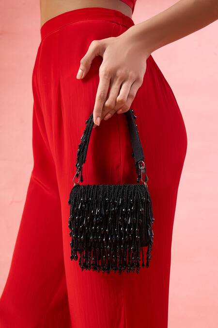 Shop_The Purple Sack_Black Beads, Tassels Beaded Fringe Potli Bag _Online_at_Aza_Fashions