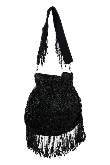 The Purple Sack_Black Beads, Tassels Beaded Fringe Drawstring Potli Bag _Online_at_Aza_Fashions