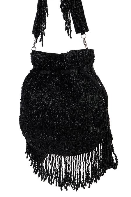 Buy_The Purple Sack_Black Beads, Tassels Beaded Fringe Drawstring Potli Bag _Online_at_Aza_Fashions