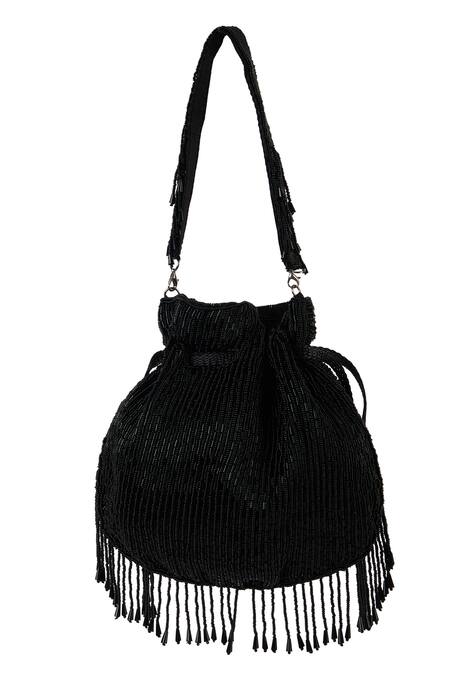 The Purple Sack_Black Beads, Embroidery, Tassels Beaded Fringe Potli Bag _Online_at_Aza_Fashions
