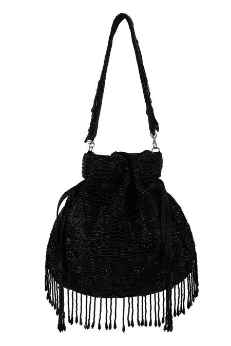 Shop_The Purple Sack_Black Beads, Embroidery, Tassels Beaded Fringe Potli Bag _Online_at_Aza_Fashions