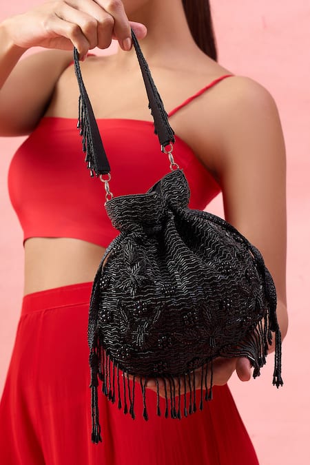 The Purple Sack_Black Beads, Embroidery, Tassels Beaded Fringe Potli Bag _at_Aza_Fashions