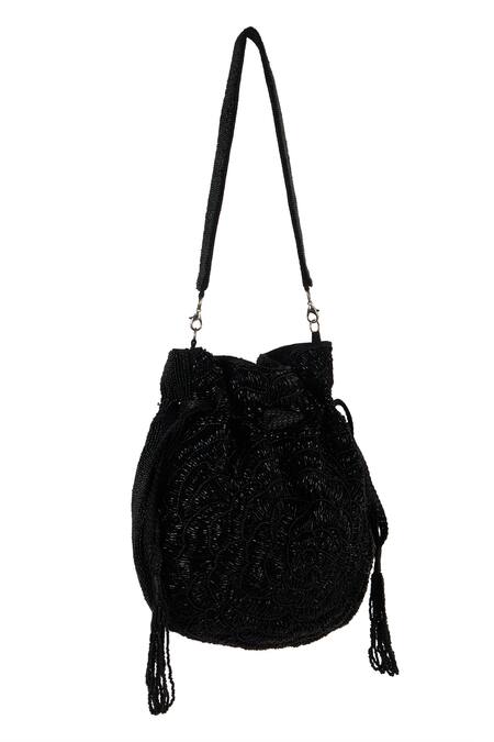 Shop_The Purple Sack_Black Beads, Tassels Beaded Embroidered Potli Bag _Online_at_Aza_Fashions