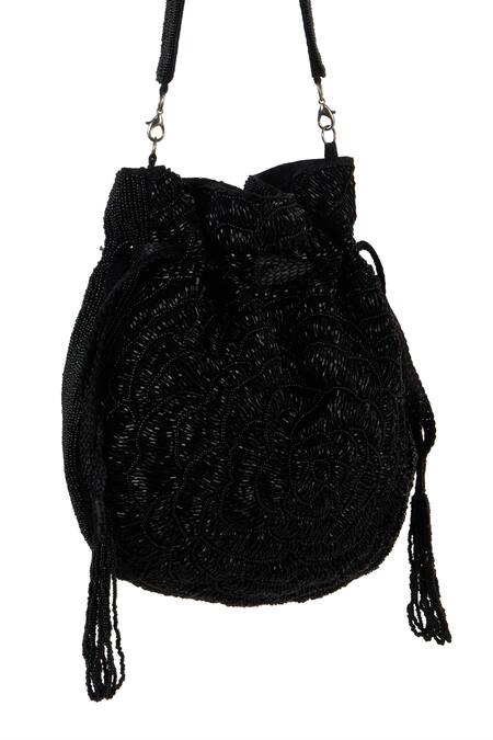 The Purple Sack_Black Beads, Tassels Beaded Embroidered Potli Bag _at_Aza_Fashions