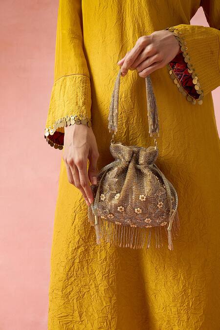 The Purple Sack_Gold Beads, Pearls, Embroidery Beaded Floral And Leaf Potli Bag _Online_at_Aza_Fashions