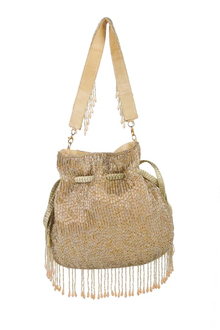 Buy_The Purple Sack_Gold Beads, Pearls, Embroidery Beaded Floral And Leaf Potli Bag _Online_at_Aza_Fashions