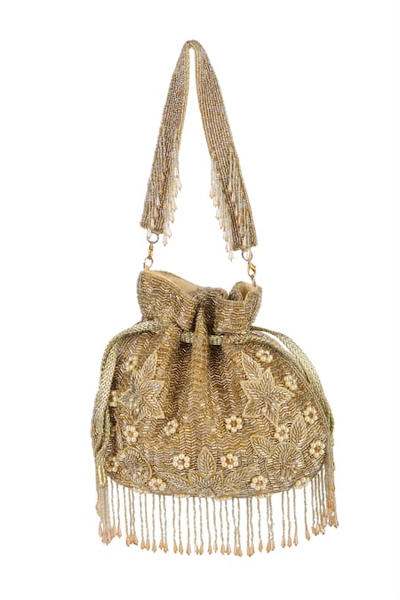 Shop_The Purple Sack_Gold Beads, Pearls, Embroidery Beaded Floral And Leaf Potli Bag _Online_at_Aza_Fashions