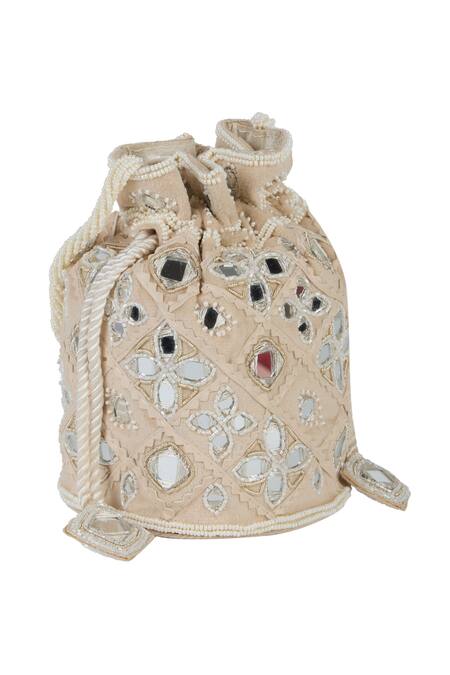 Shop_The Purple Sack_Beige Mirrors, Embroidery Work And Bead Embellished Potli Bag _Online_at_Aza_Fashions
