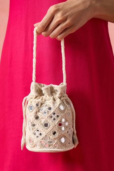The Purple Sack_Beige Mirrors, Embroidery Work And Bead Embellished Potli Bag _at_Aza_Fashions