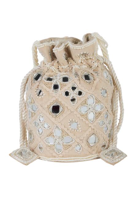 Buy_The Purple Sack_Beige Mirrors, Embroidery Work And Bead Embellished Potli Bag 