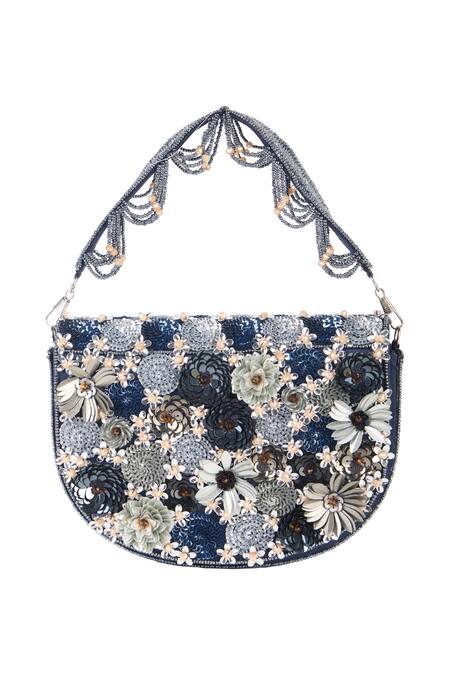 Shop_The Purple Sack_Navy Beads, Sequins, Fabric Flowers Floral And Embellished Clutch _Online_at_Aza_Fashions