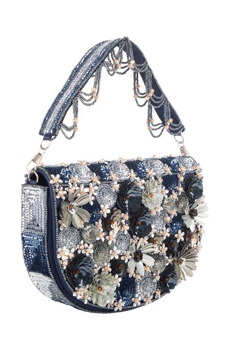 The Purple Sack_Navy Beads, Sequins, Fabric Flowers Floral And Embellished Clutch _at_Aza_Fashions