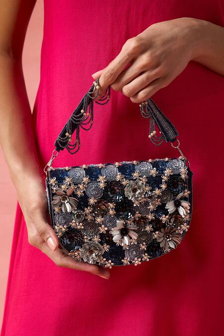 Shop_The Purple Sack_Navy Beads, Sequins, Fabric Flowers Floral And Embellished Clutch 