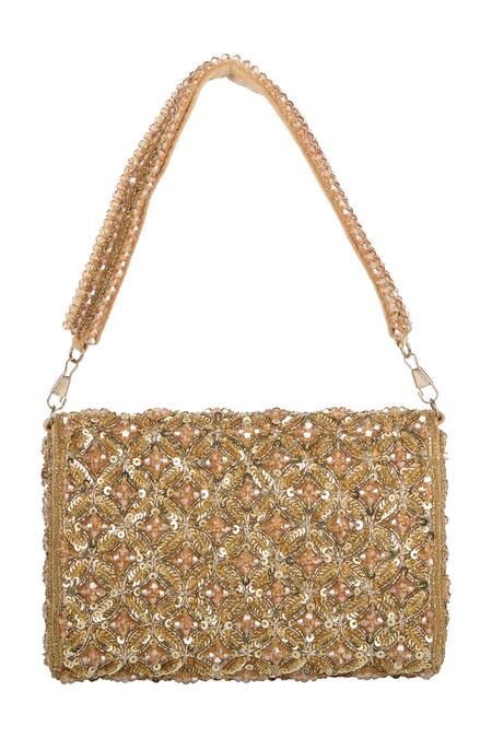 Buy_The Purple Sack_Gold Sequins, Beads Embellished Raw Silk Clutch _Online_at_Aza_Fashions