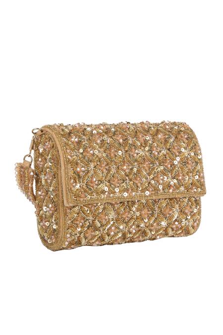 The Purple Sack_Gold Sequins, Beads Embellished Raw Silk Clutch _at_Aza_Fashions