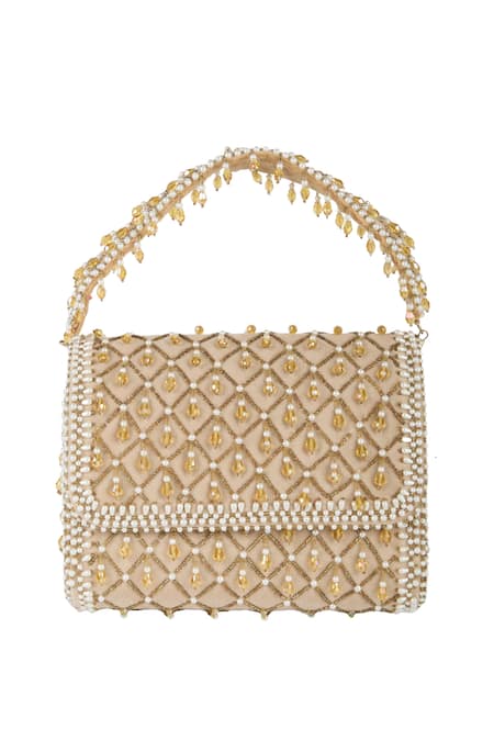 Buy_The Purple Sack_Beige Beads, Sequins Beaded Lattice Pattern Clutch  _Online_at_Aza_Fashions