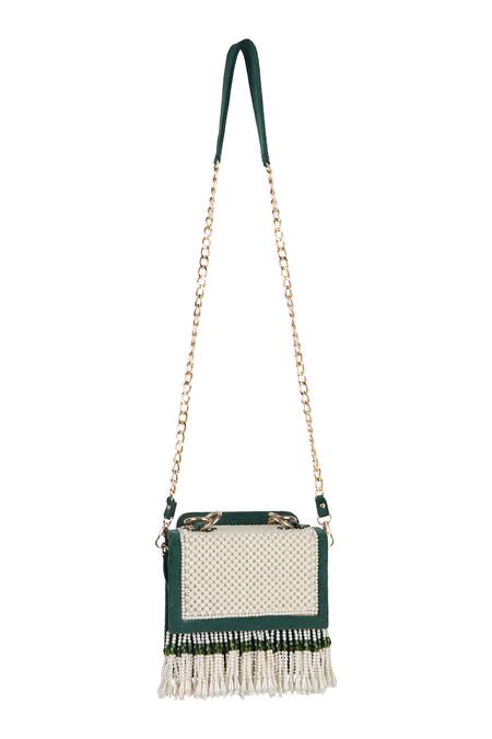 The Purple Sack_Green Beads, Tassels Pearl And Embellished Fringe Clutch Bag _Online_at_Aza_Fashions