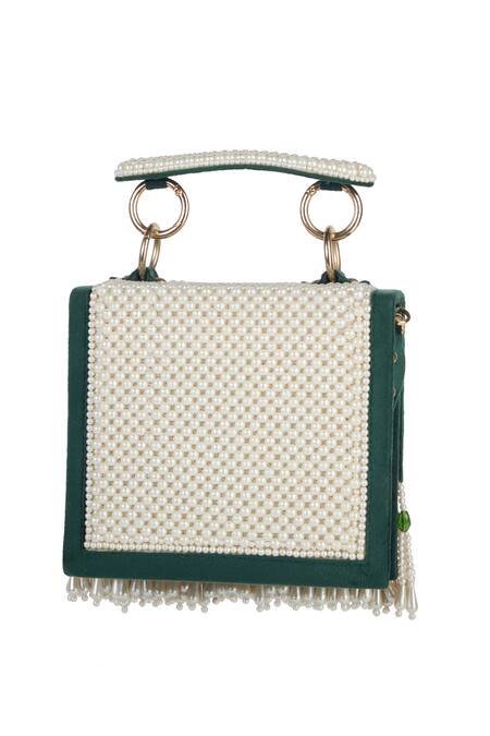 Shop_The Purple Sack_Green Beads, Tassels Pearl And Embellished Fringe Clutch Bag _Online_at_Aza_Fashions