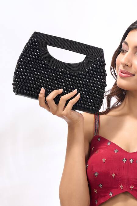 Buy_The Purple Sack_Black Beads Hand Embroidered Clutch Bag 