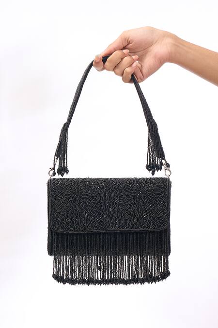Buy_The Purple Sack_Black Beads, Fringe, Embroidery Beaded Hand Bag _Online_at_Aza_Fashions
