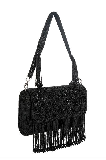Shop_The Purple Sack_Black Beads, Fringe, Embroidery Beaded Hand Bag _Online_at_Aza_Fashions