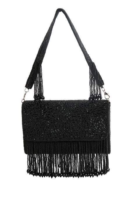 The Purple Sack_Black Beads, Fringe, Embroidery Beaded Hand Bag _at_Aza_Fashions